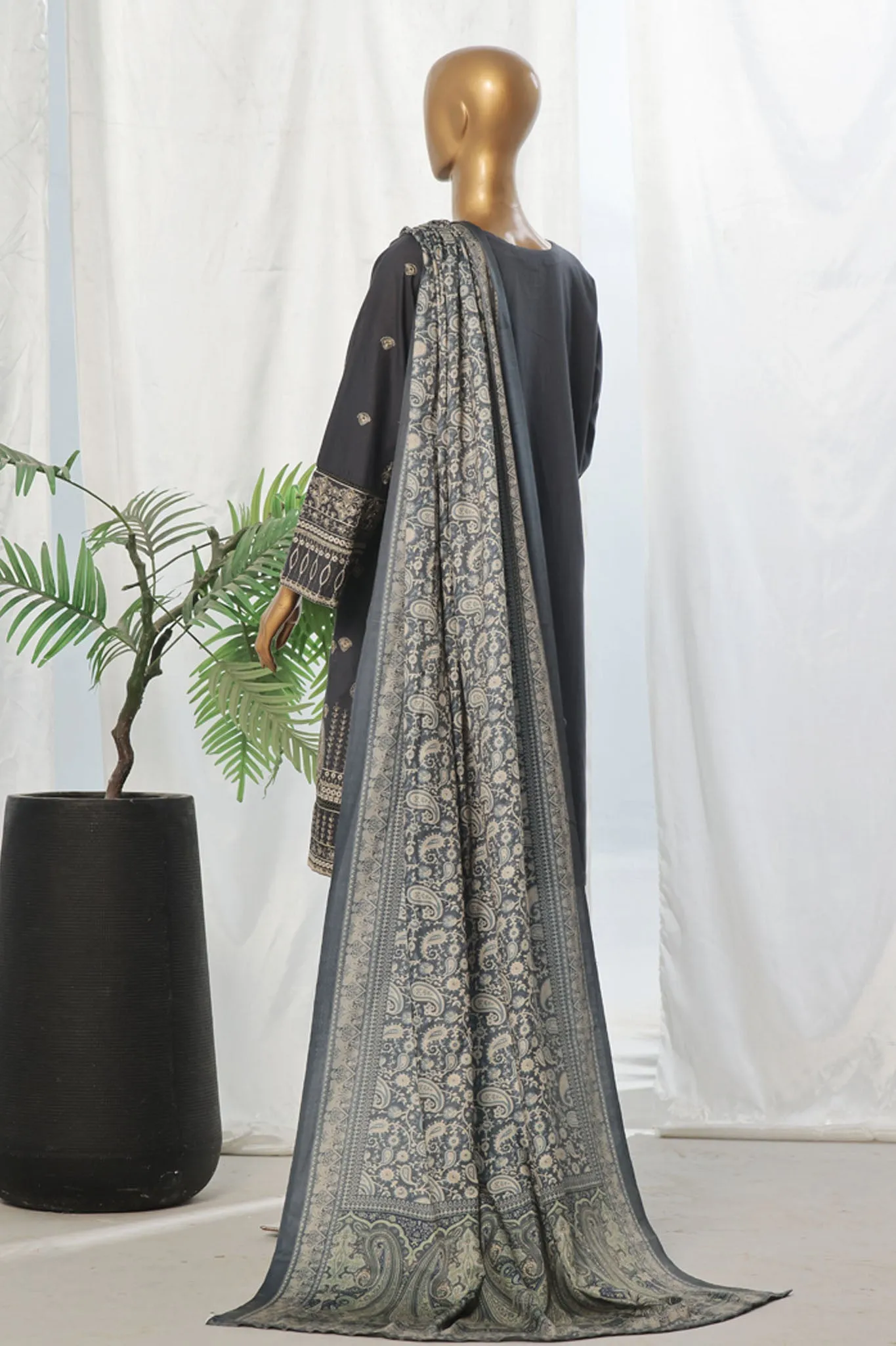 Bin Saeed Stitched 3 Piece Exclusive Slub Emb Khaddar Vol-03 Collection'2024-WKK-1285-Grey