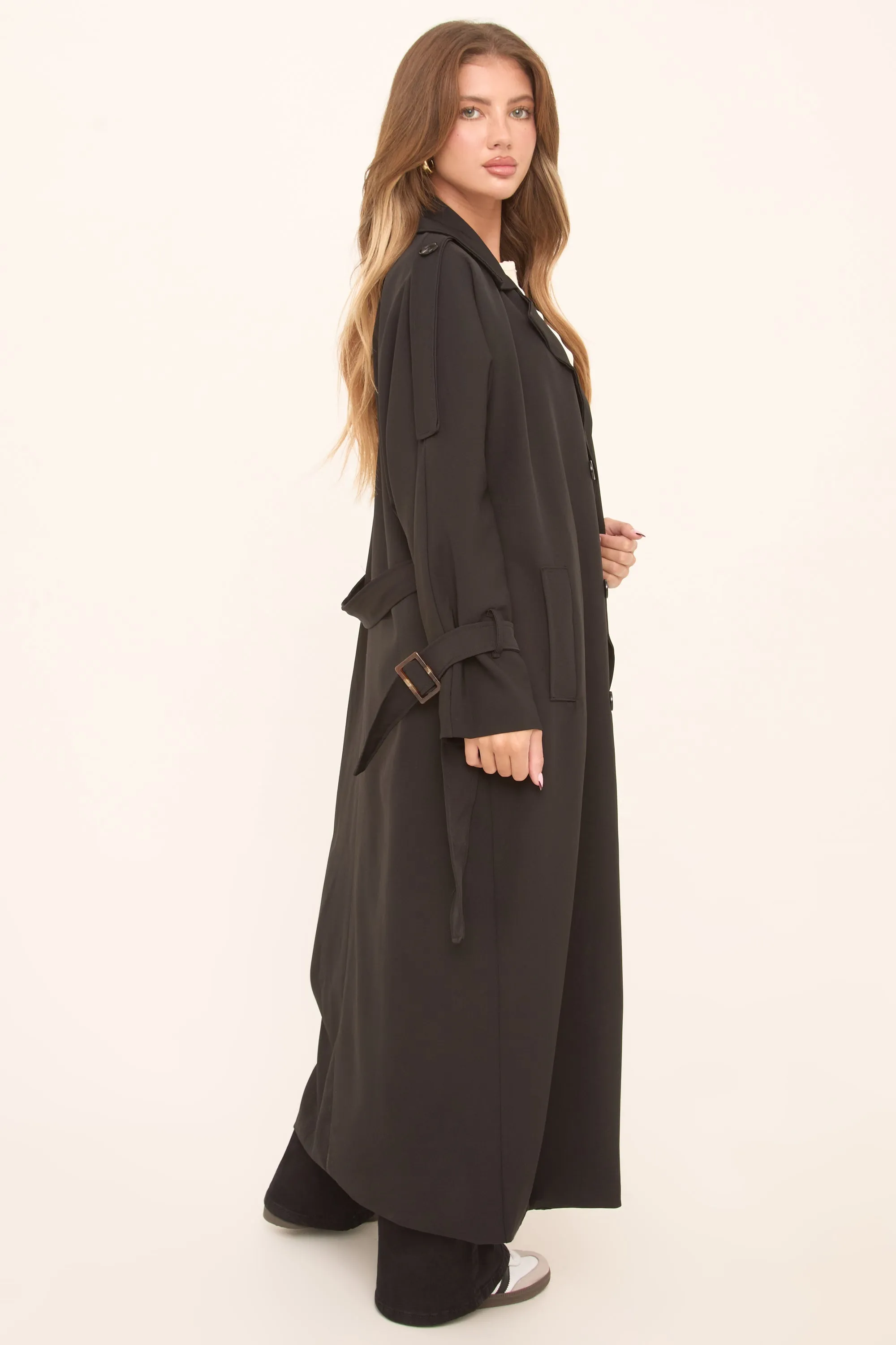 Black Double Breasted Tie Sleeve Longline Oversized Trench Coat - Annmarie