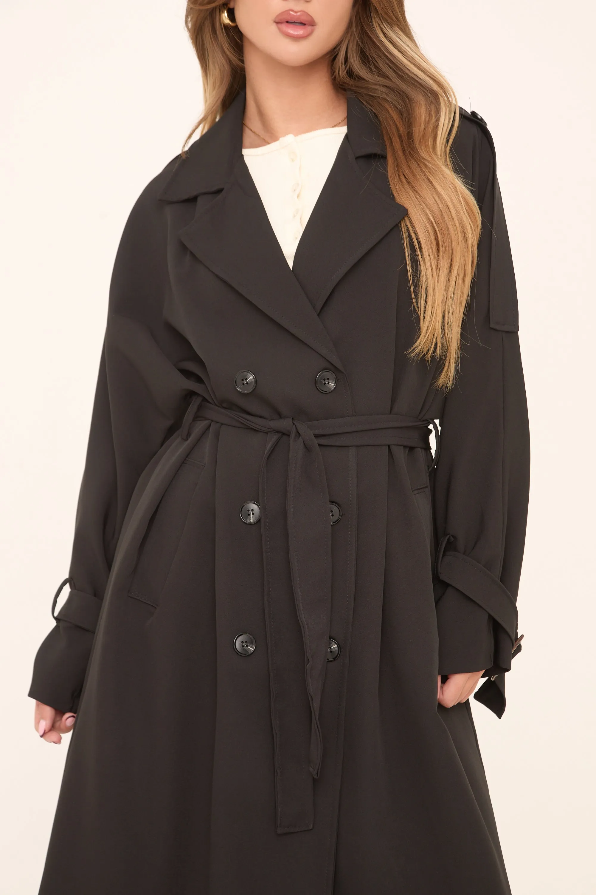 Black Double Breasted Tie Sleeve Longline Oversized Trench Coat - Annmarie