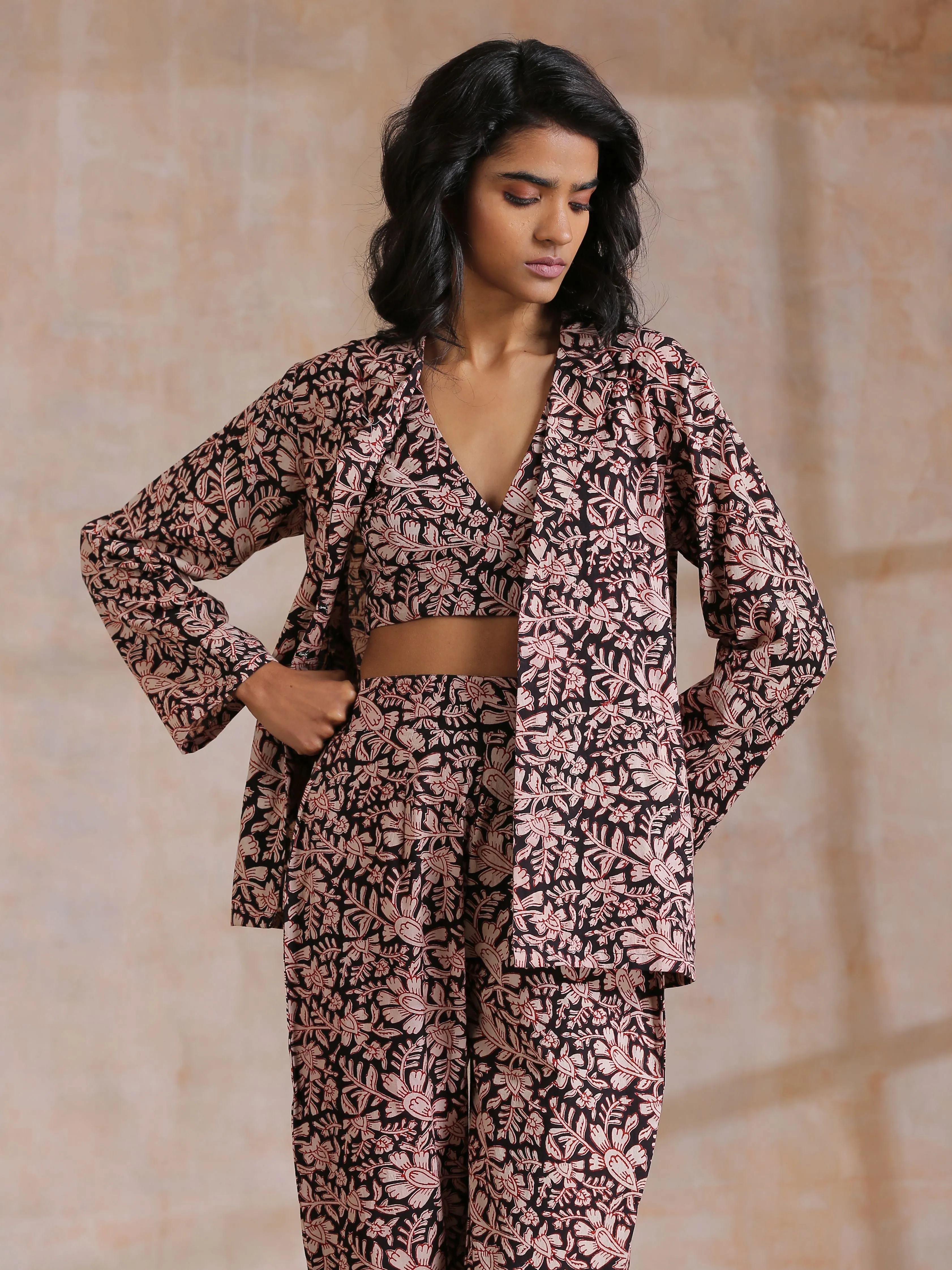 Black Floral Overall Bagru Print Cotton Pant Suit Set