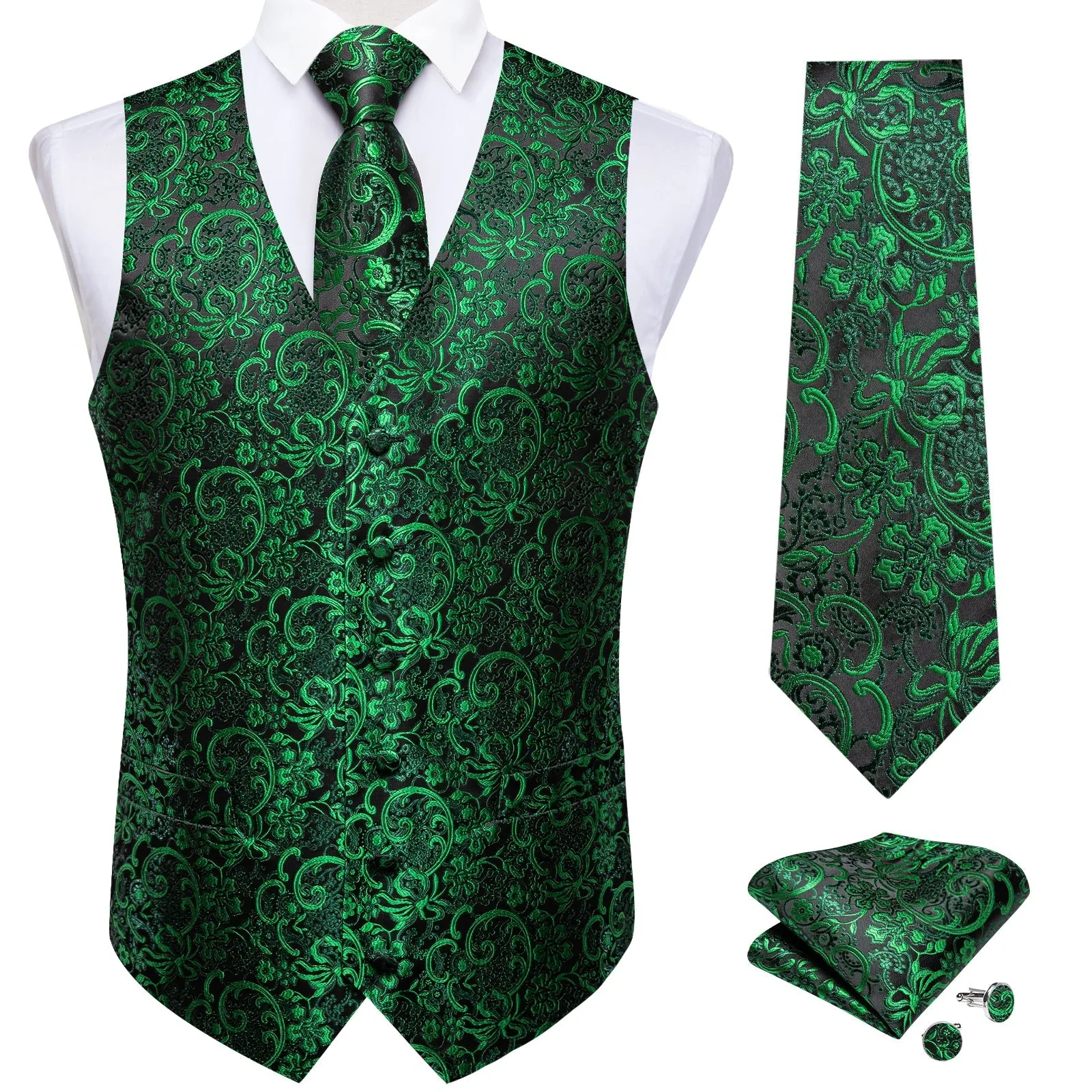 Black Green Vest for Men Floral Men's Vest Tie Set