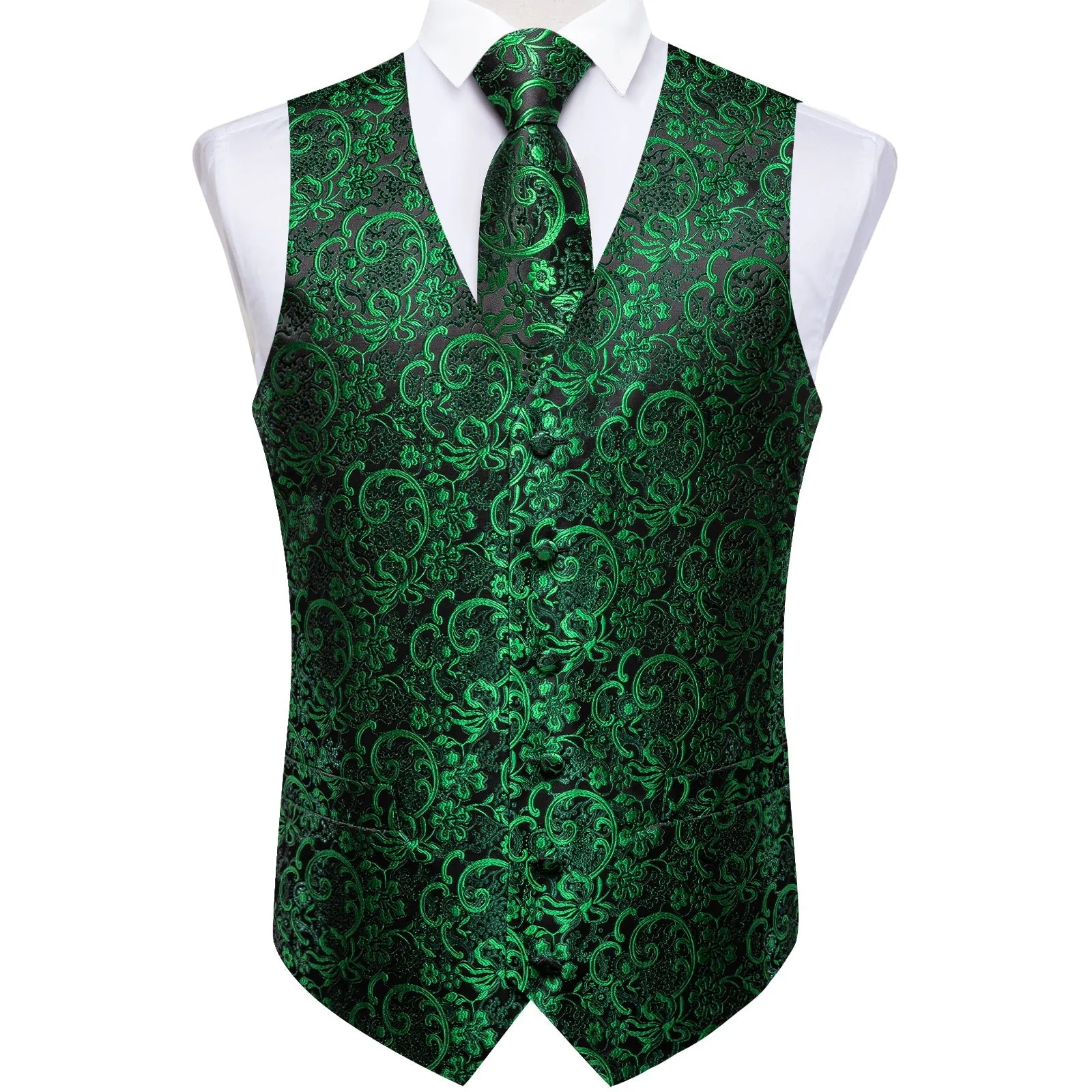 Black Green Vest for Men Floral Men's Vest Tie Set