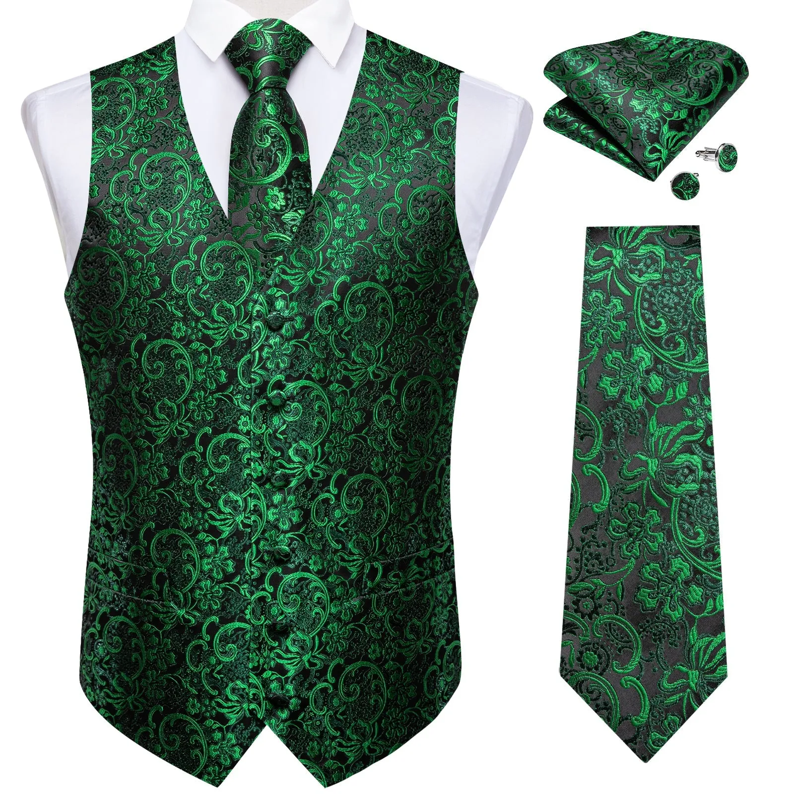 Black Green Vest for Men Floral Men's Vest Tie Set