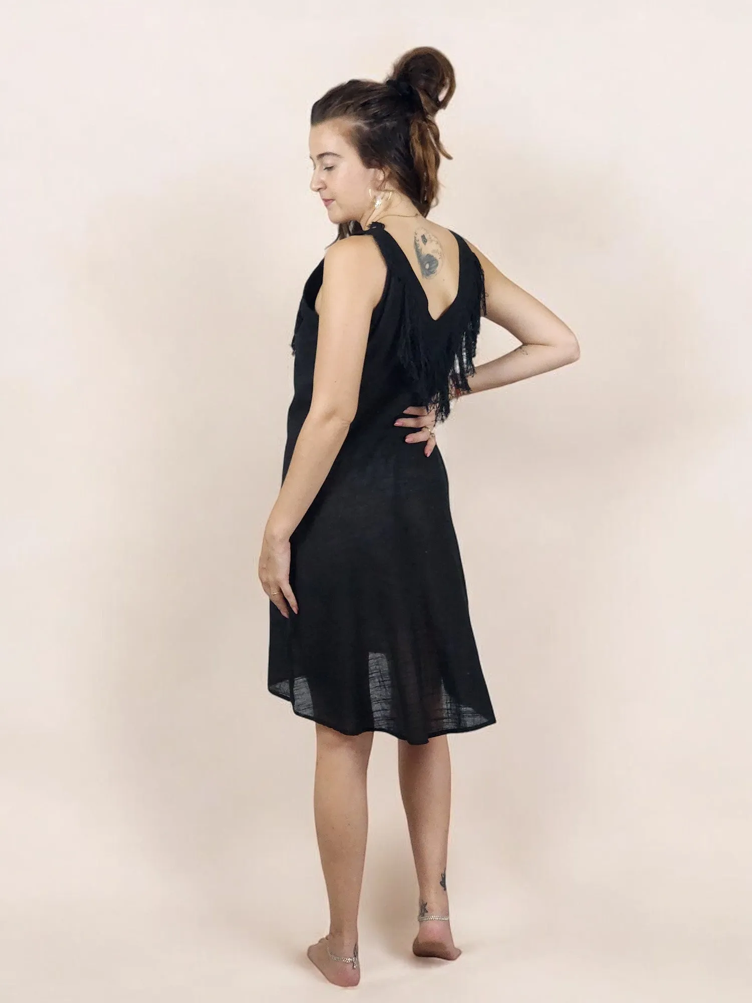 Black Organic Linen Mini Dress with Fringe