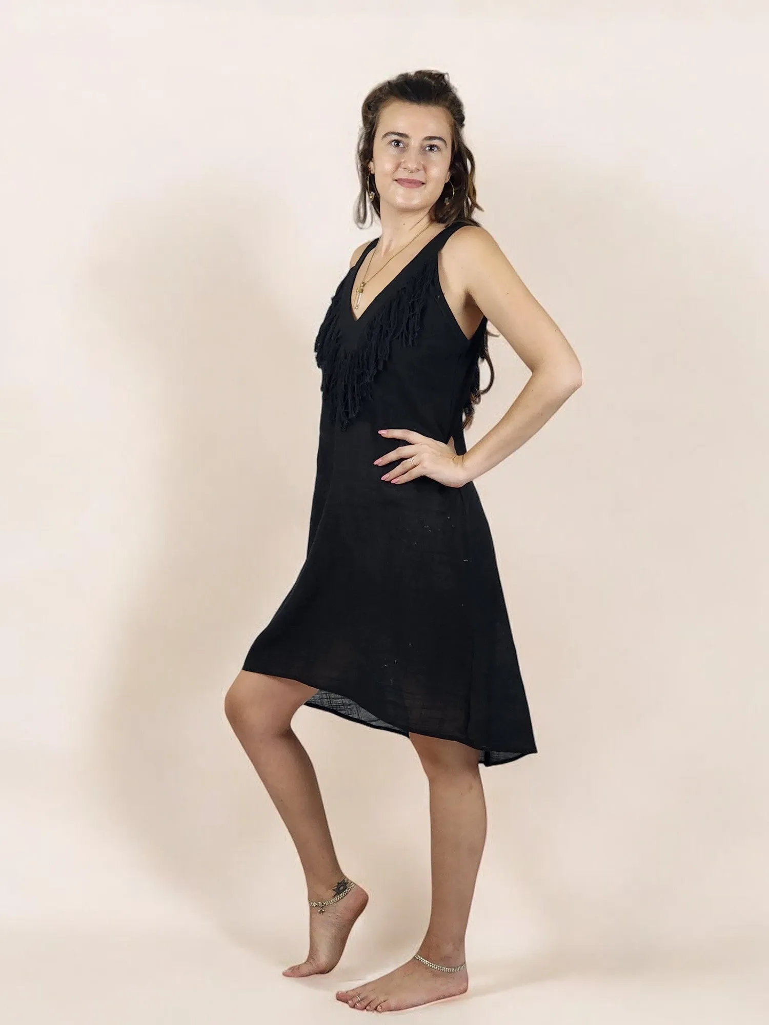 Black Organic Linen Mini Dress with Fringe