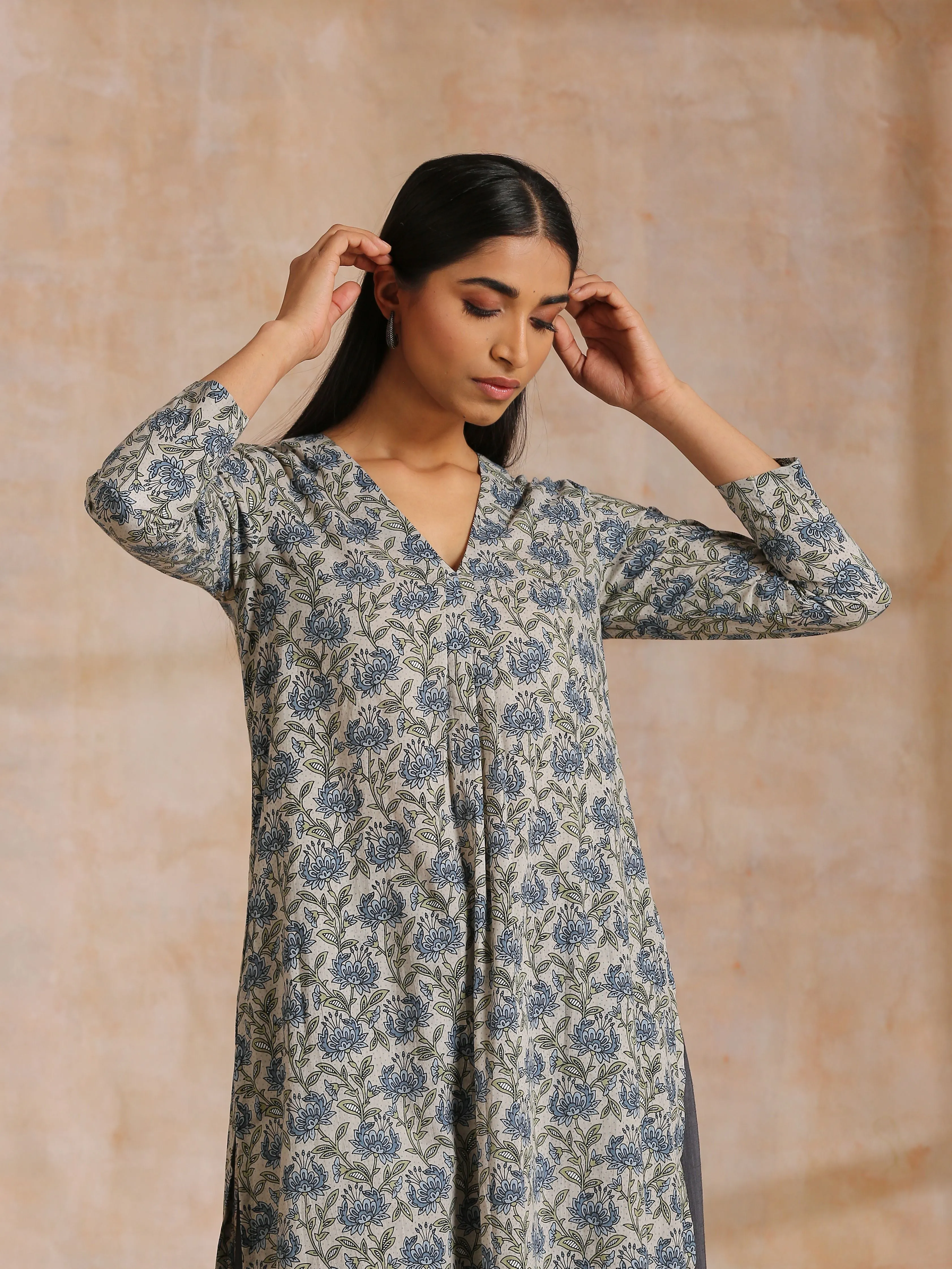 Blue Grey Overall Floral Block On White Print Cotton Kurta Pant Set