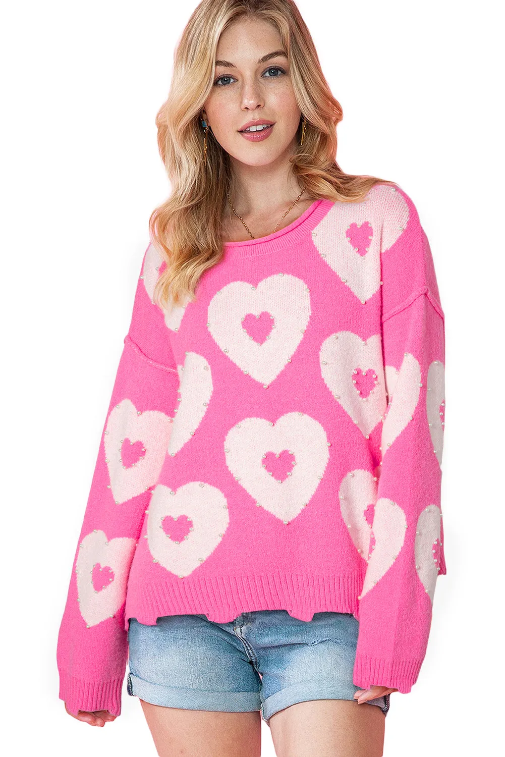 Bonbon Pearl Beaded Heart Drop Shoulder Sweater