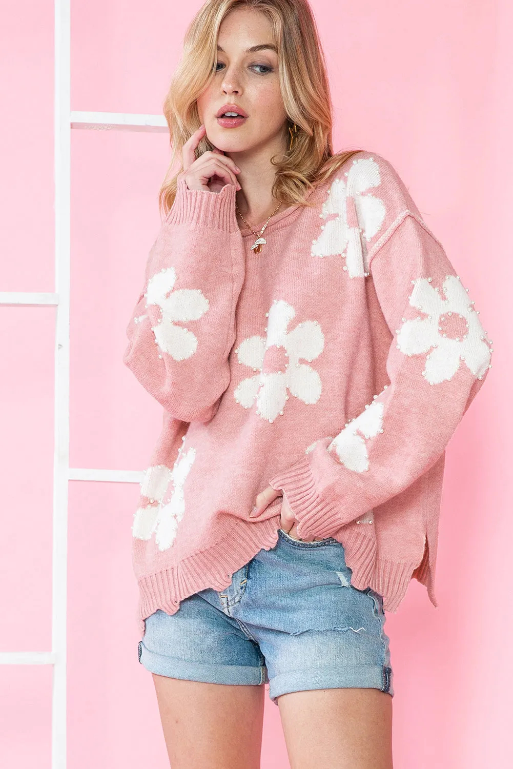 Bonbon Pearl Beaded Heart Drop Shoulder Sweater