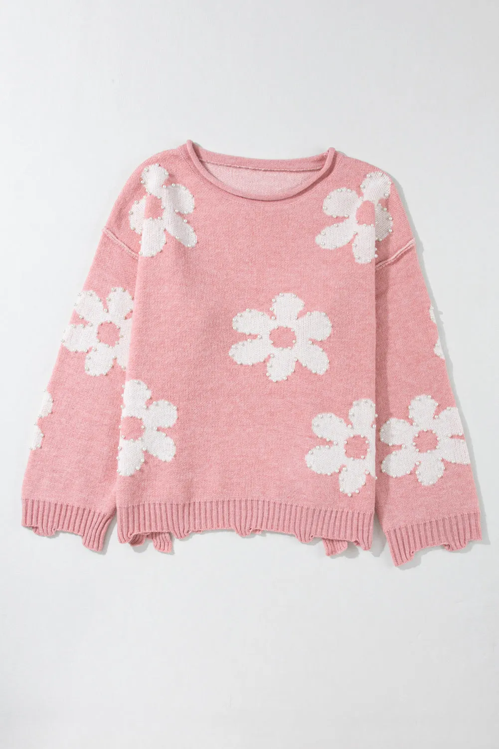 Bonbon Pearl Beaded Heart Drop Shoulder Sweater