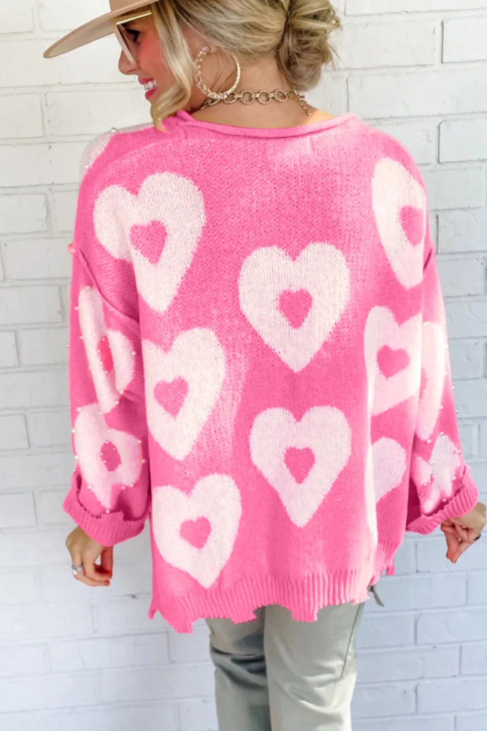 Bonbon Pearl Beaded Heart Drop Shoulder Sweater