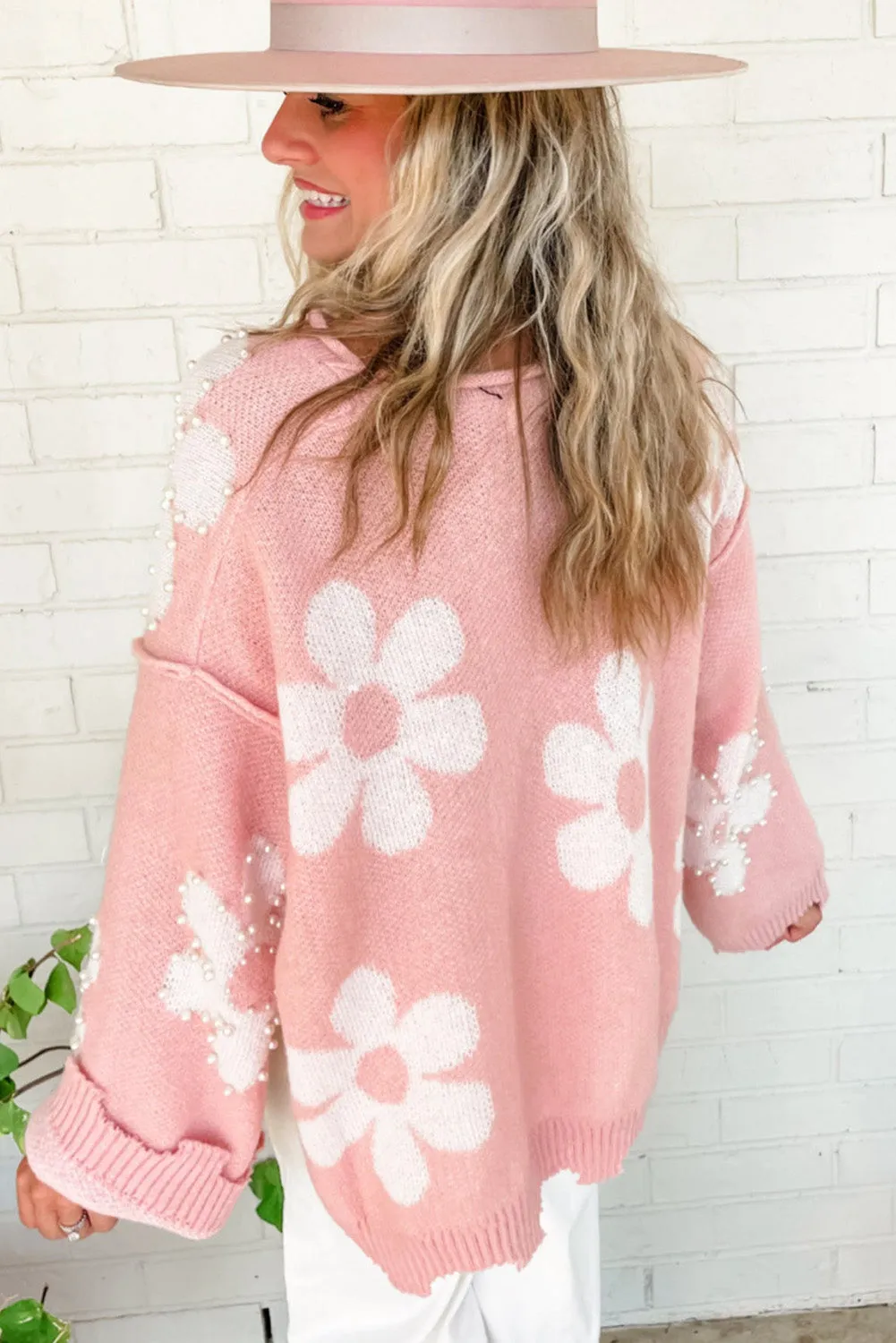 Bonbon Pearl Beaded Heart Drop Shoulder Sweater