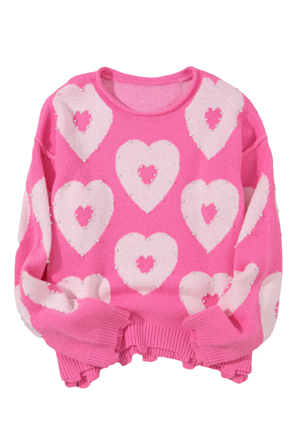 Bonbon Pearl Beaded Heart Drop Shoulder Sweater