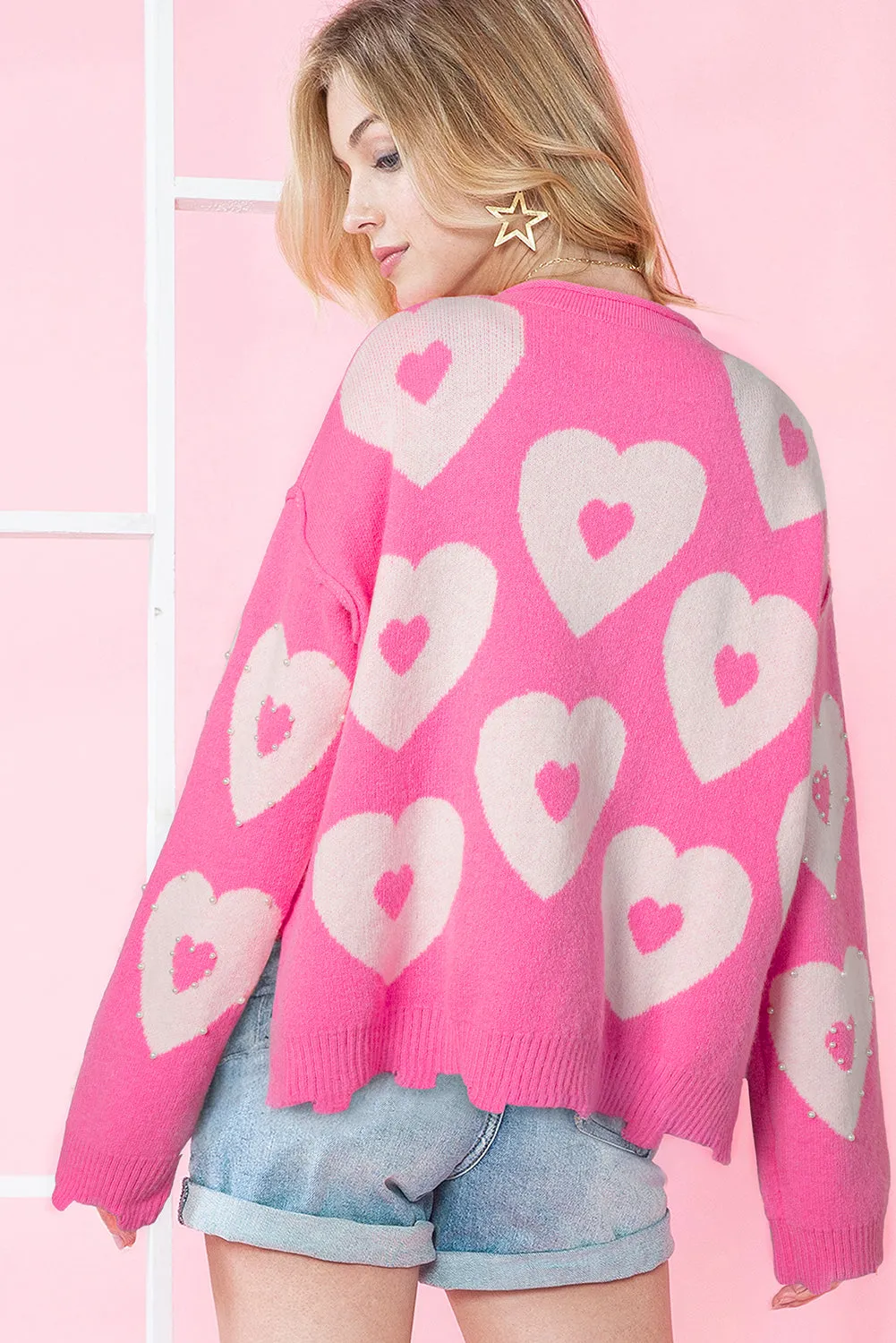 Bonbon Pearl Beaded Heart Drop Shoulder Sweater