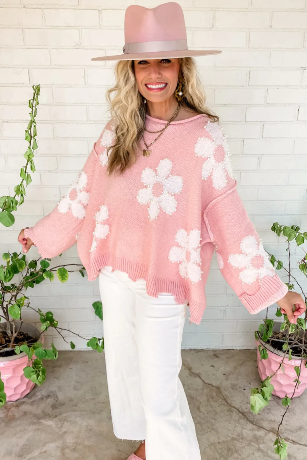 Bonbon Pearl Beaded Heart Drop Shoulder Sweater