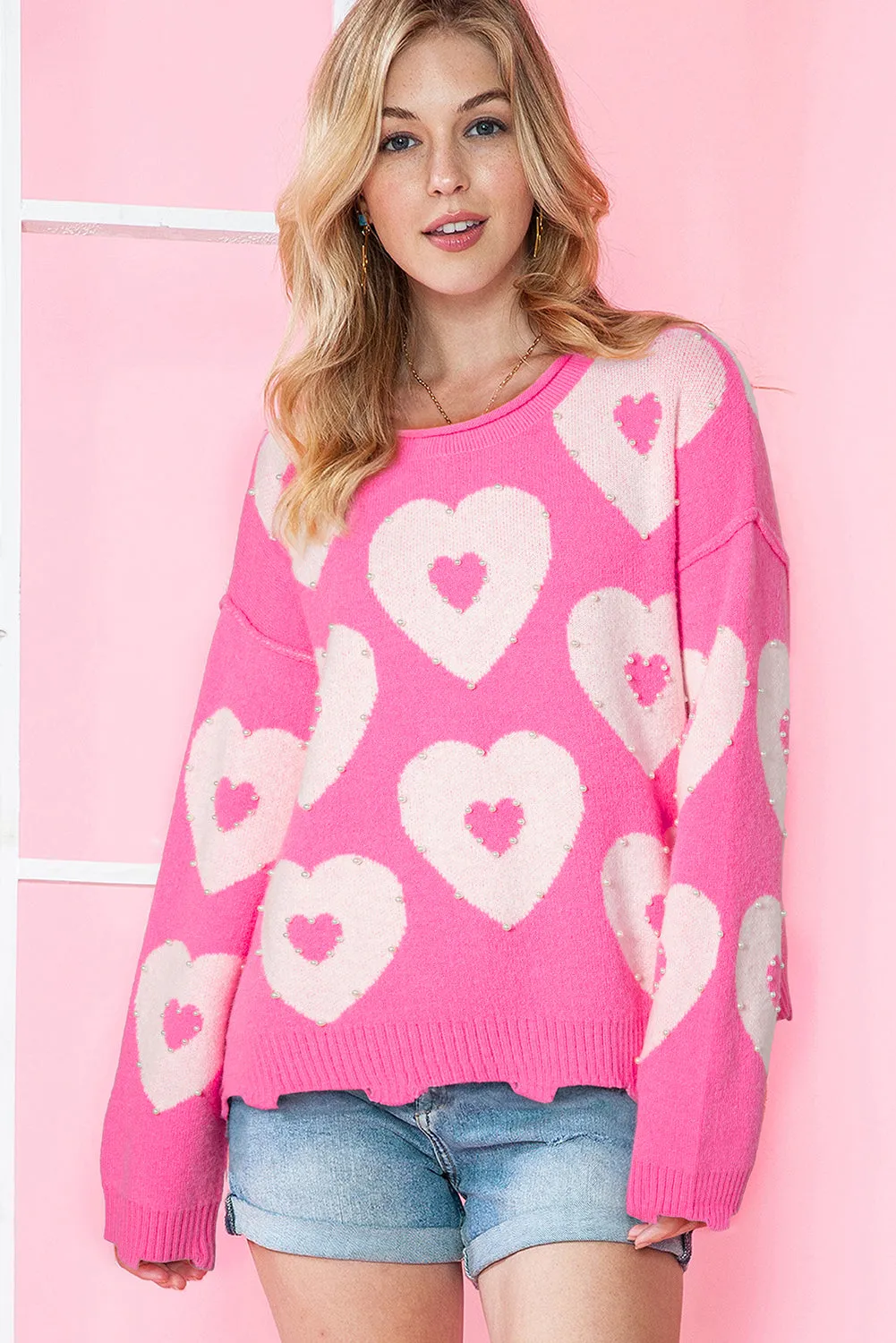 Bonbon Pearl Beaded Heart Drop Shoulder Sweater