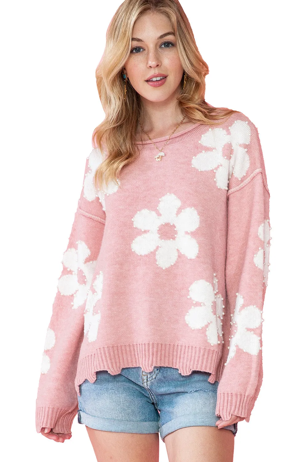 Bonbon Pearl Beaded Heart Drop Shoulder Sweater