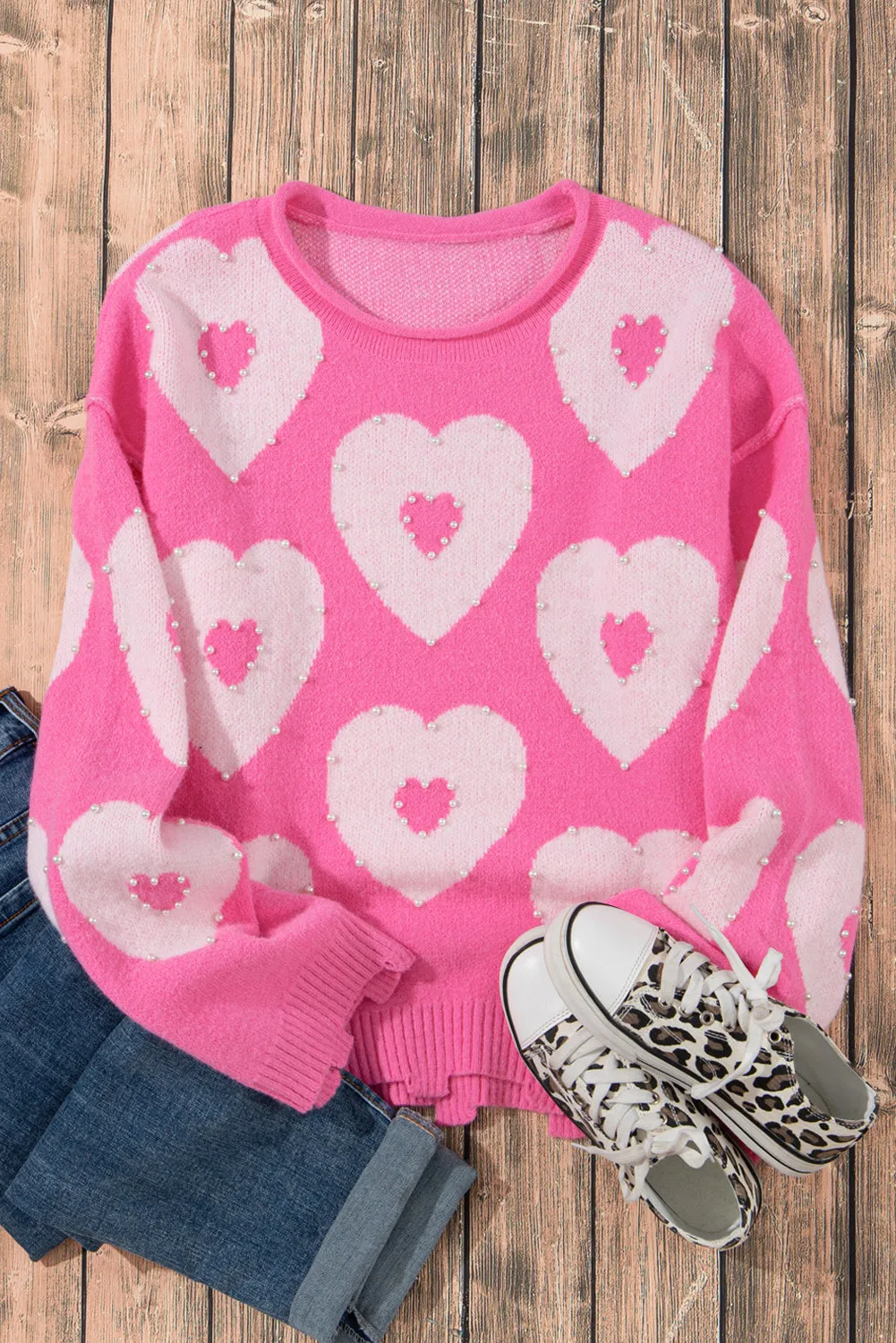 Bonbon Pearl Beaded Heart Drop Shoulder Sweater