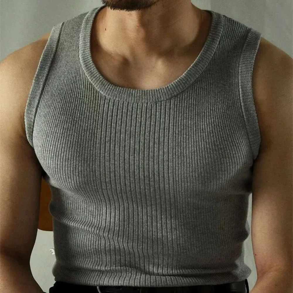 Bonsir New Street Casual Knitted Vest Sports Fitness Top Spring And Summer Ribbed Vest Mens Slim Round Neck Sleeveless T-Shirt