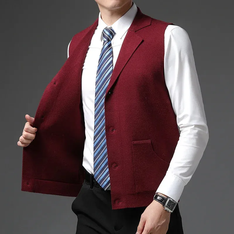 Bonsir Spring New Fashion Golden Velvet Men's Knitted Vest Solid Suit Collar Button Patchwork Pockets Smart Casual Warm Sleeveless Top