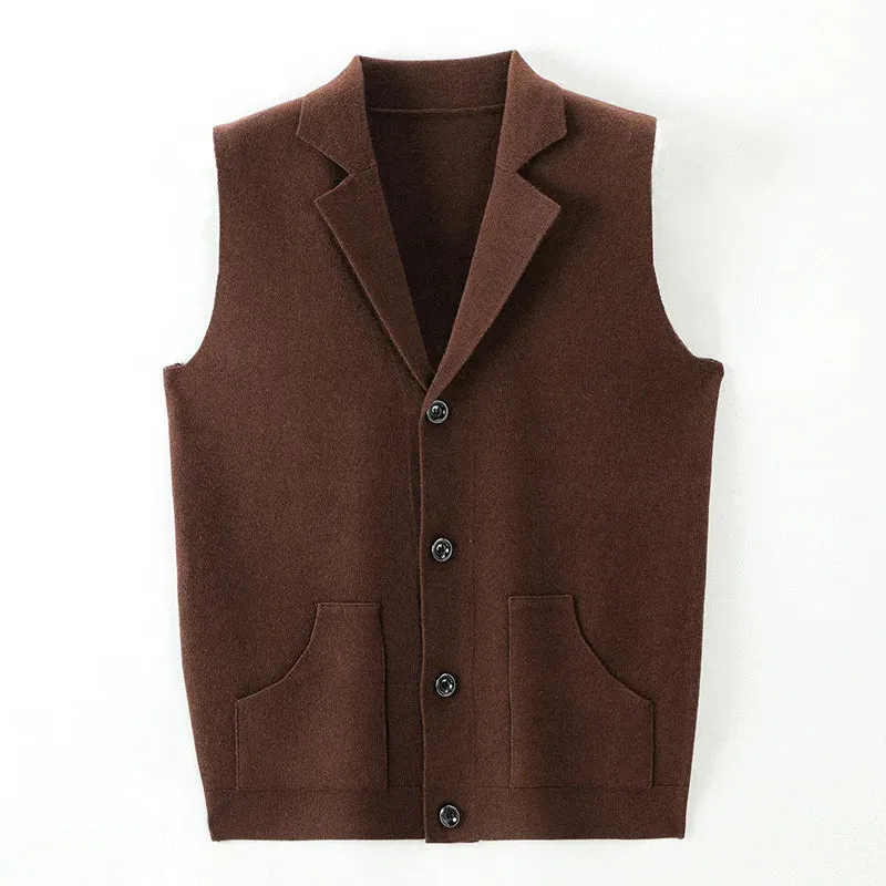 Bonsir Spring New Fashion Golden Velvet Men's Knitted Vest Solid Suit Collar Button Patchwork Pockets Smart Casual Warm Sleeveless Top