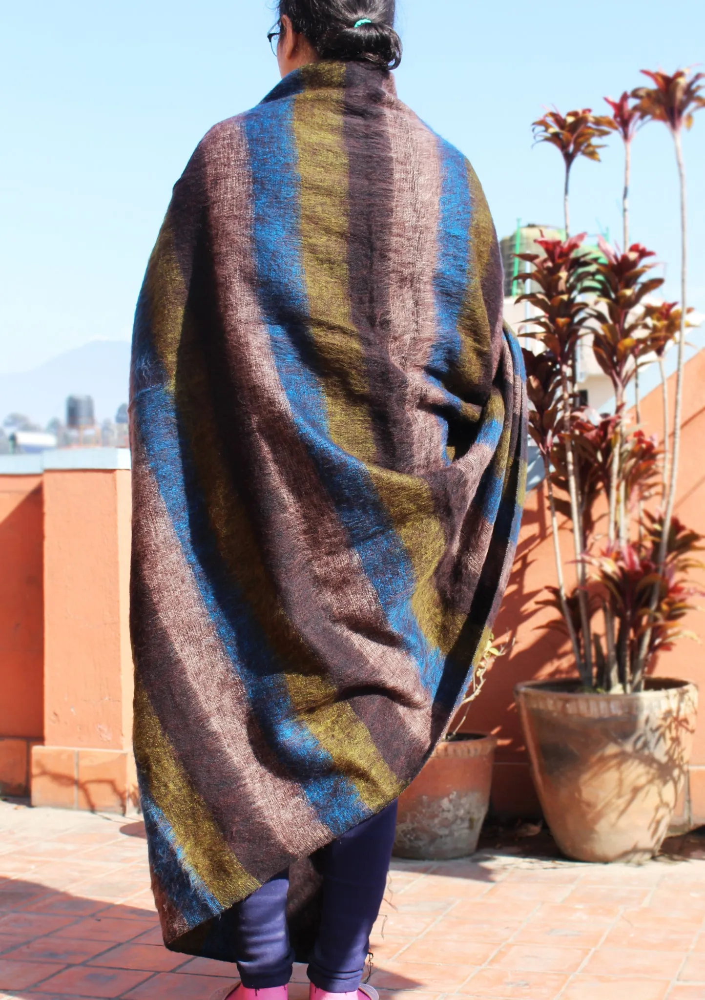 Brown Blue Stripe Yak Wool Meditation and Yoga Blanket