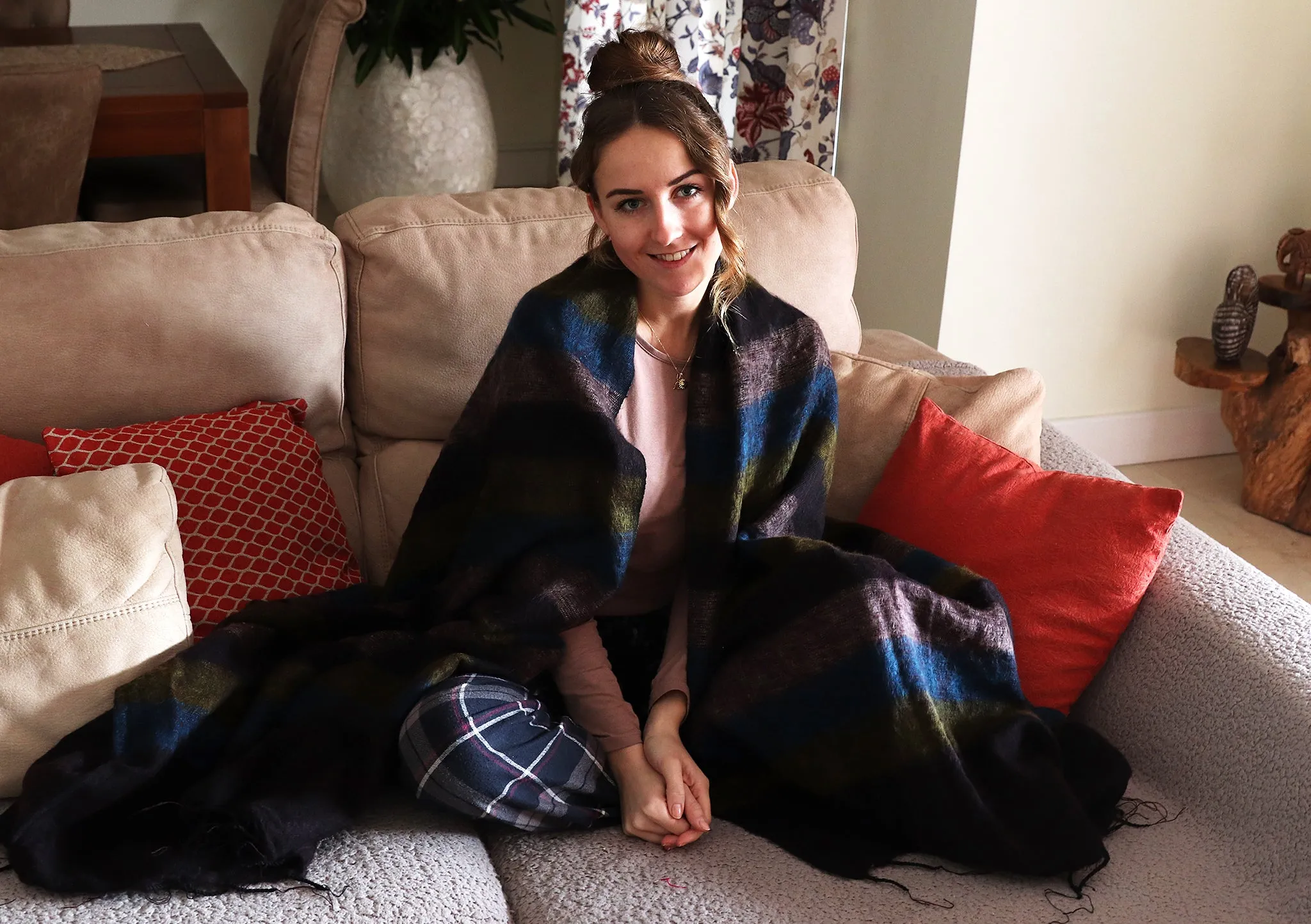 Brown Blue Stripe Yak Wool Meditation and Yoga Blanket