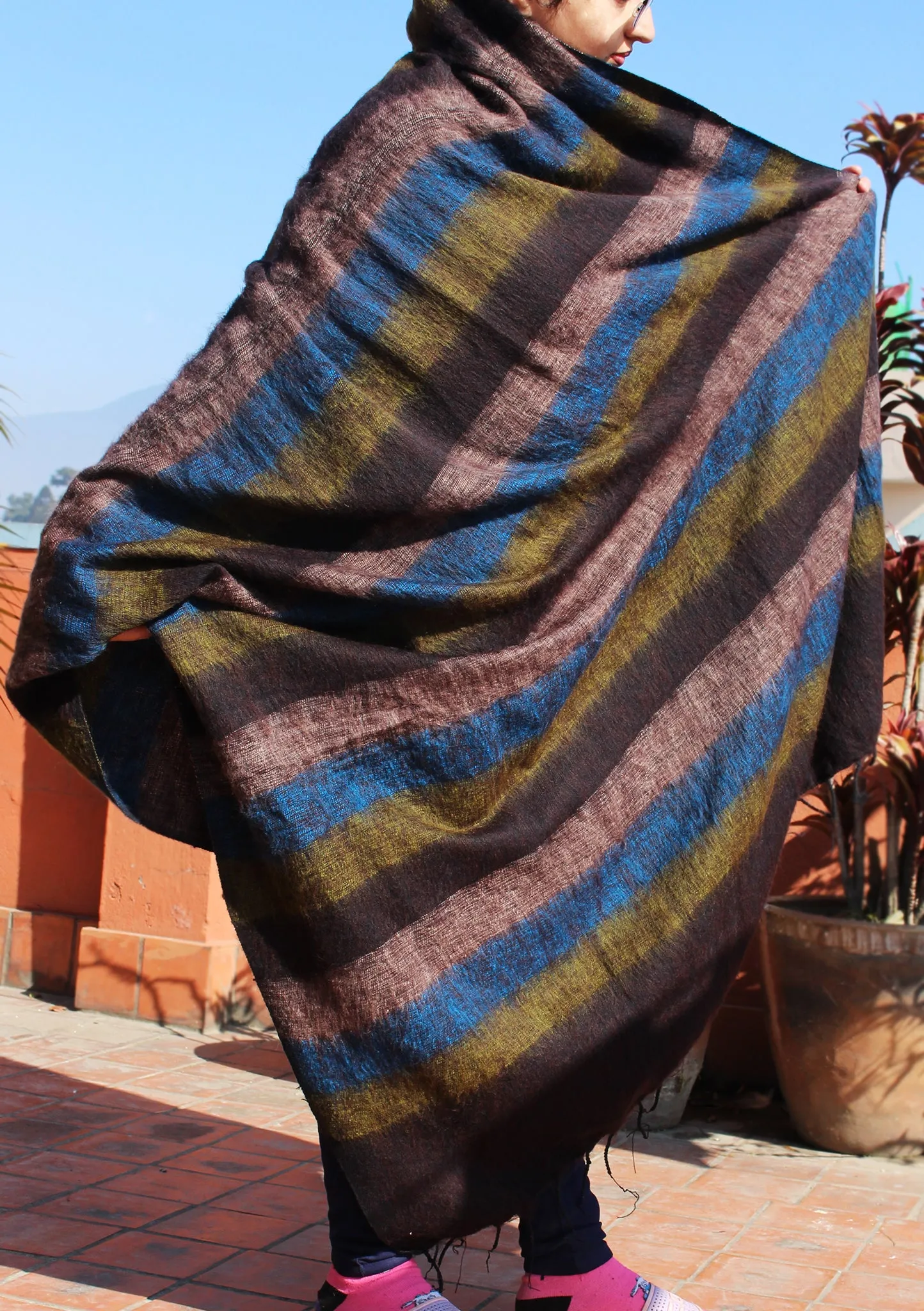 Brown Blue Stripe Yak Wool Meditation and Yoga Blanket