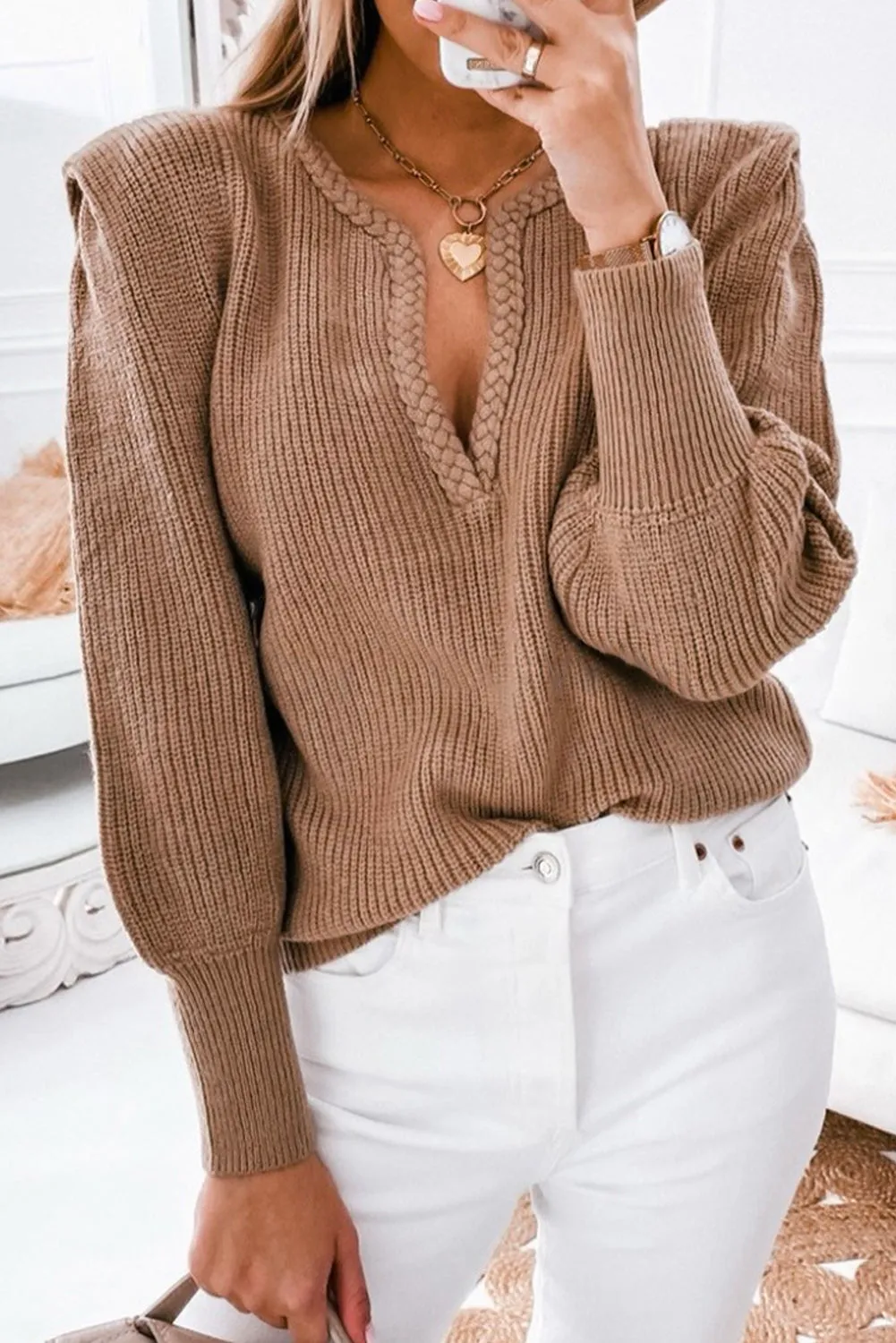 Brown Braided Notched V Neckline Puff Sleeve Knitted Sweater