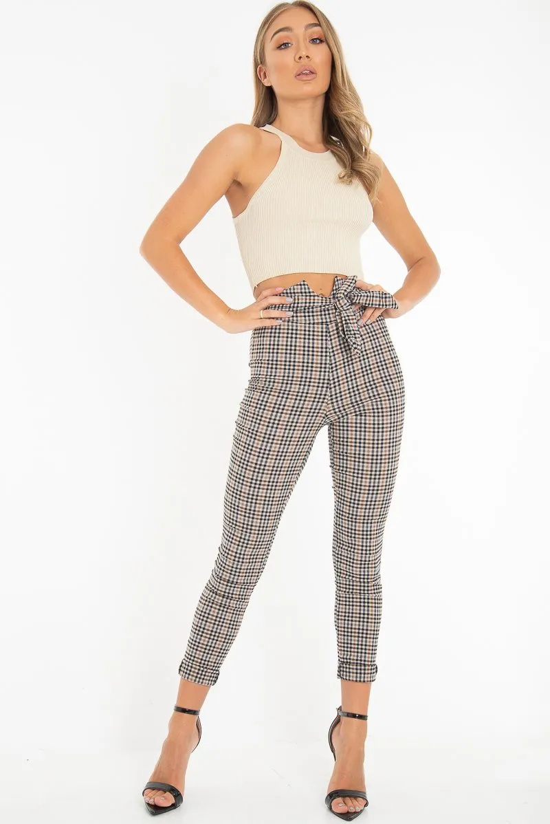 Brown Checked High Waist Tapered Tie Belt Trousers - Airis