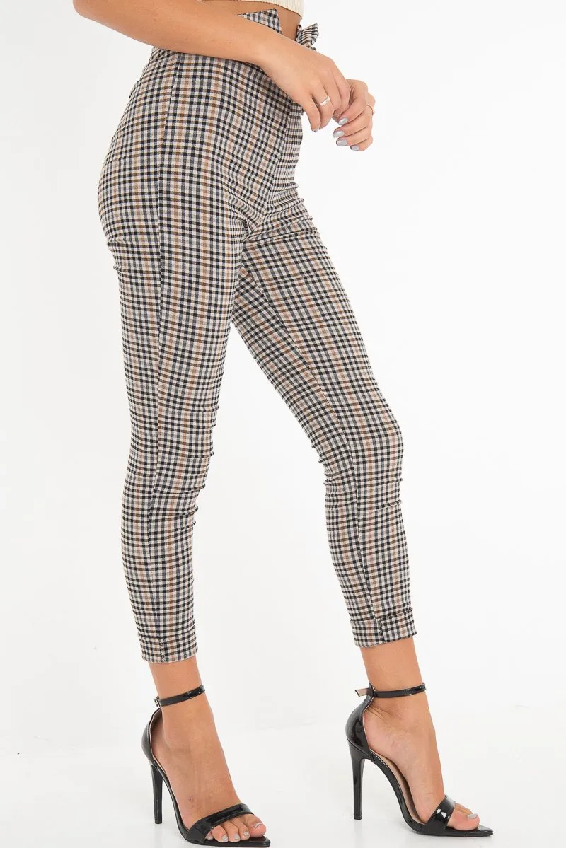 Brown Checked High Waist Tapered Tie Belt Trousers - Airis