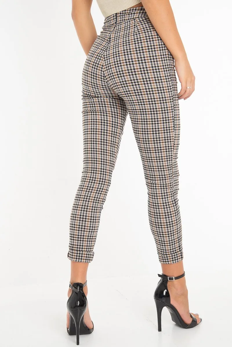 Brown Checked High Waist Tapered Tie Belt Trousers - Airis