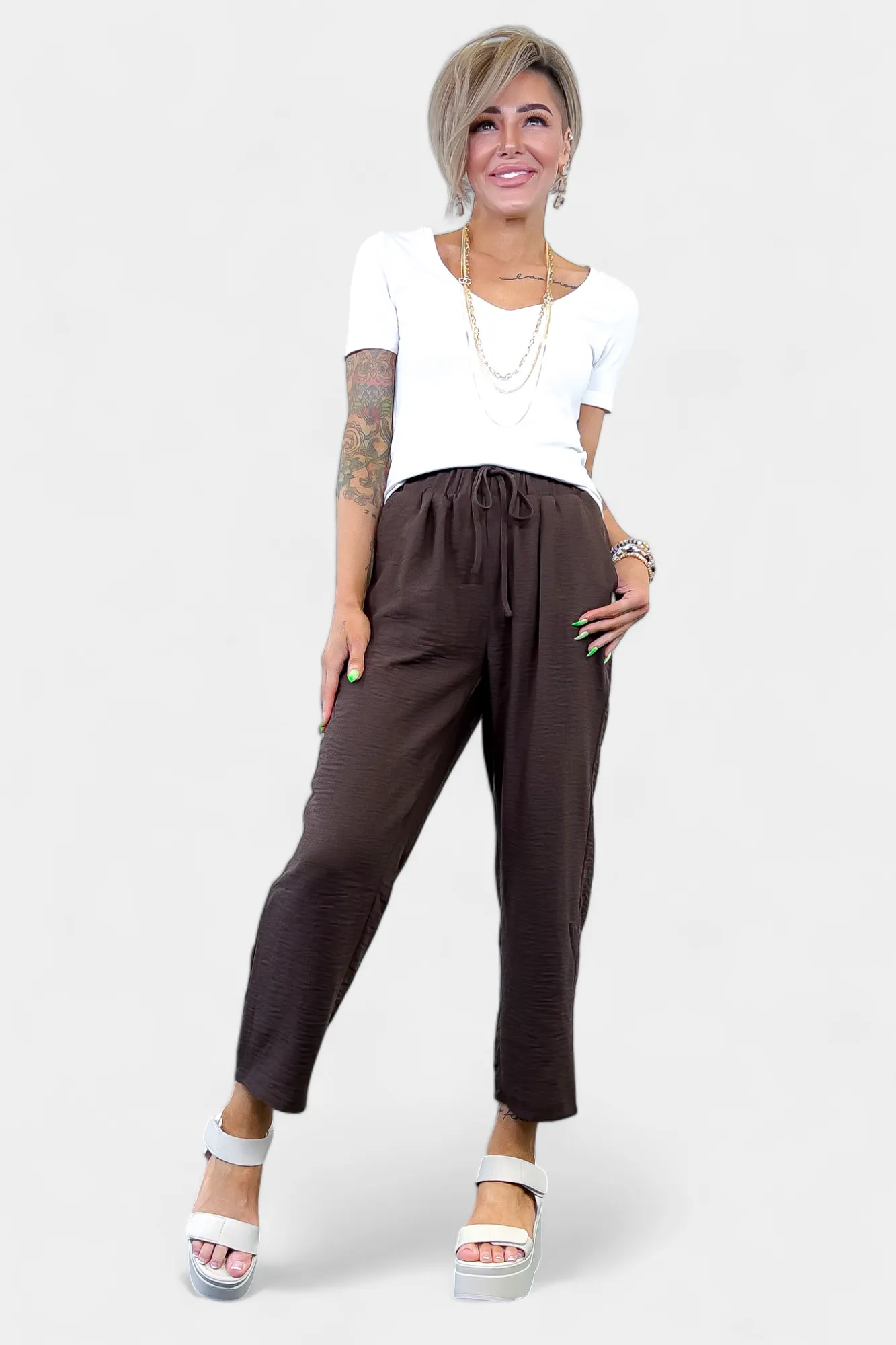 Brown Drawstring Crop Pants