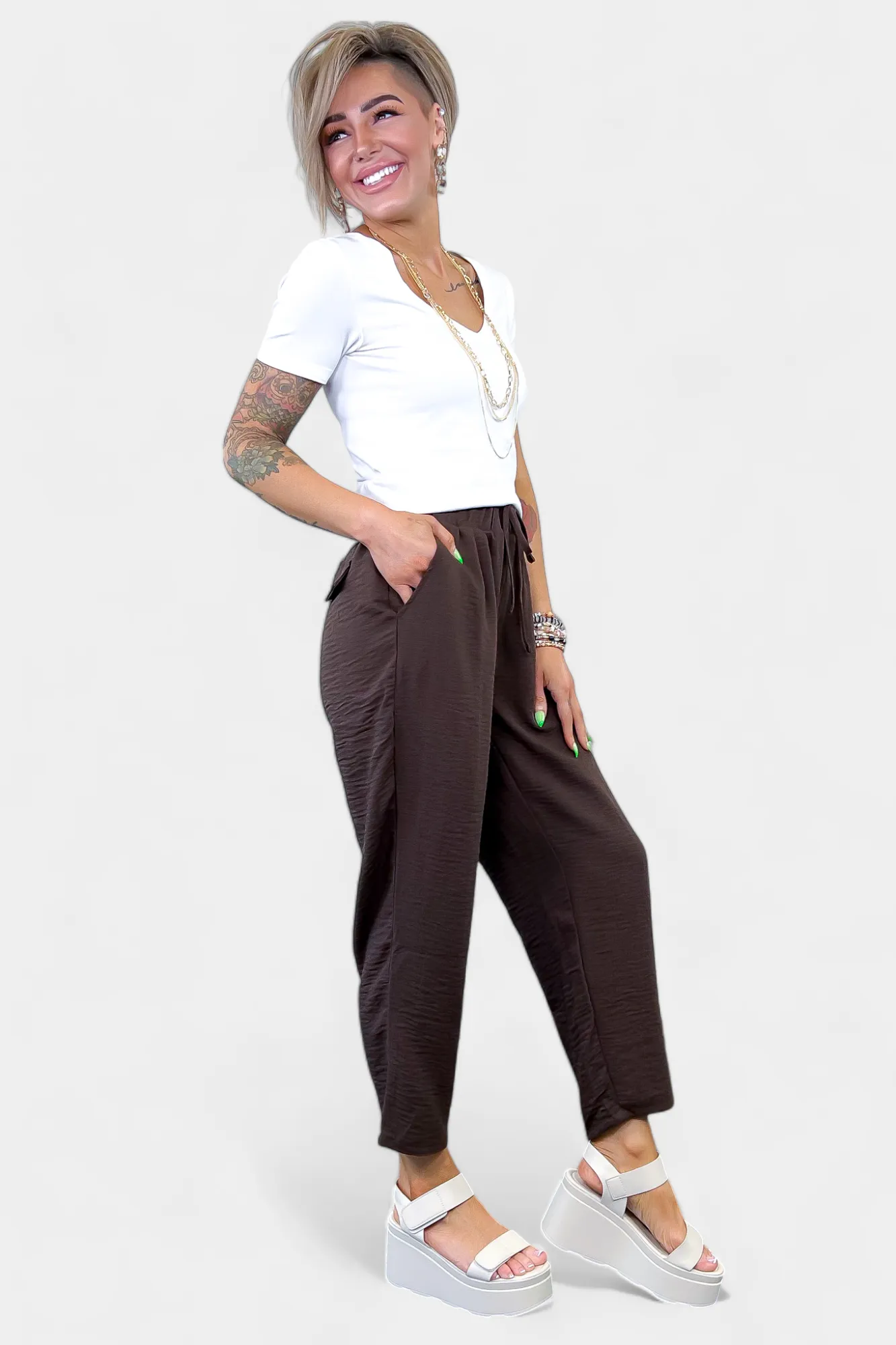 Brown Drawstring Crop Pants