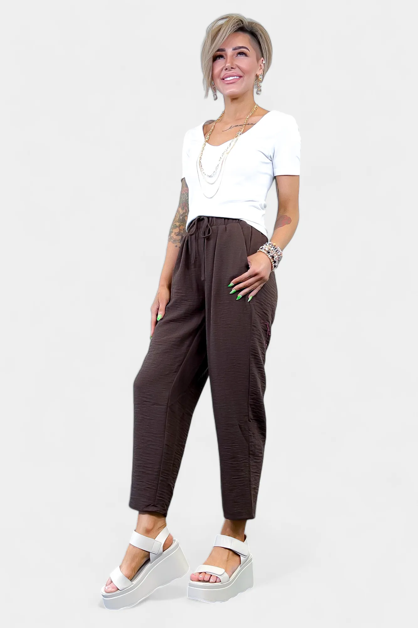 Brown Drawstring Crop Pants