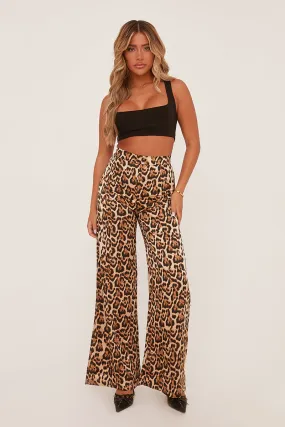 Brown Satin Leopard Print Wide Leg Trousers - Keisha