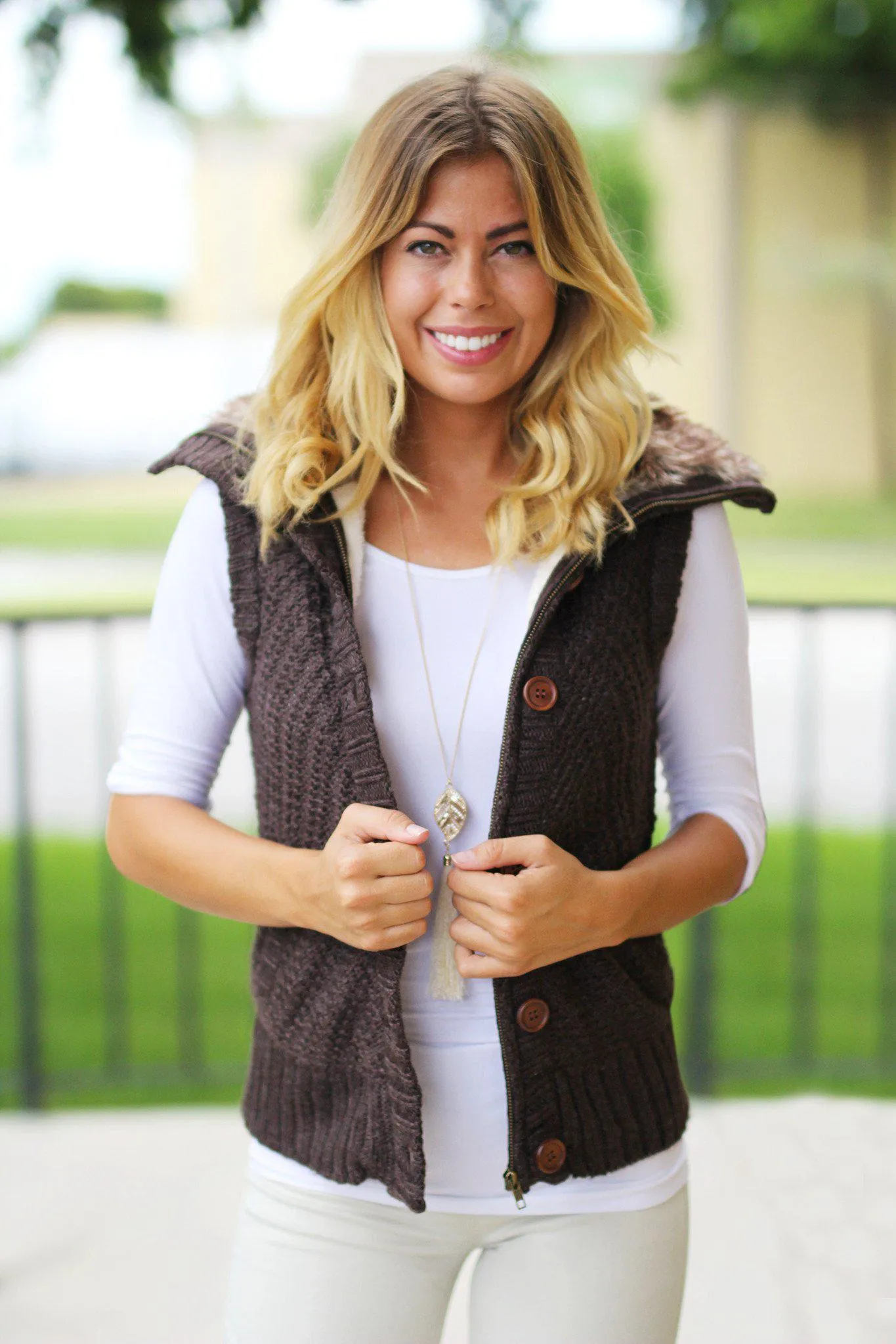 Brown Sweater Vest With Fur