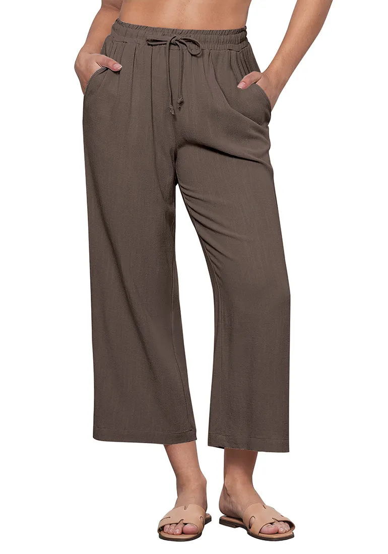 Brown Women's Brief High Waist Trousers Elastic Waist Wide Leg Pants