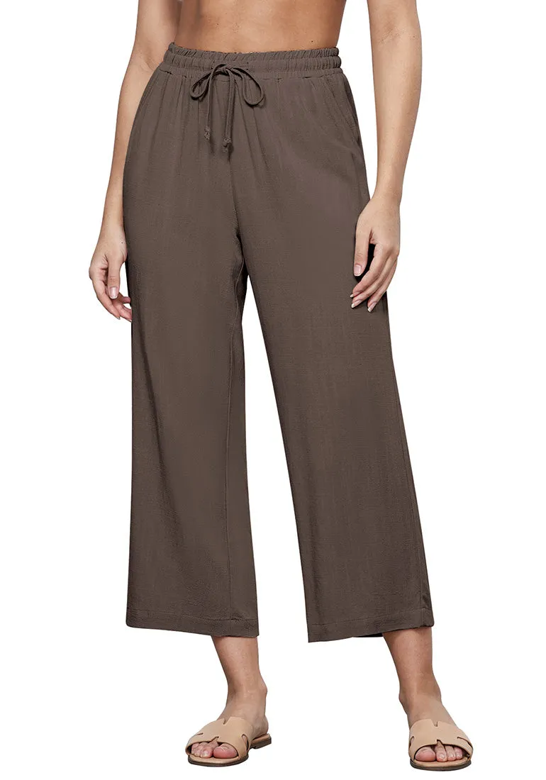 Brown Women's Brief High Waist Trousers Elastic Waist Wide Leg Pants