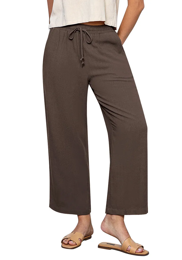 Brown Women's Brief High Waist Trousers Elastic Waist Wide Leg Pants