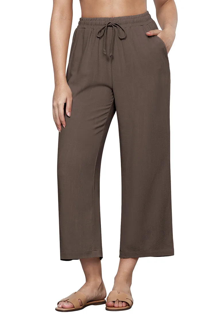 Brown Women's Brief High Waist Trousers Elastic Waist Wide Leg Pants