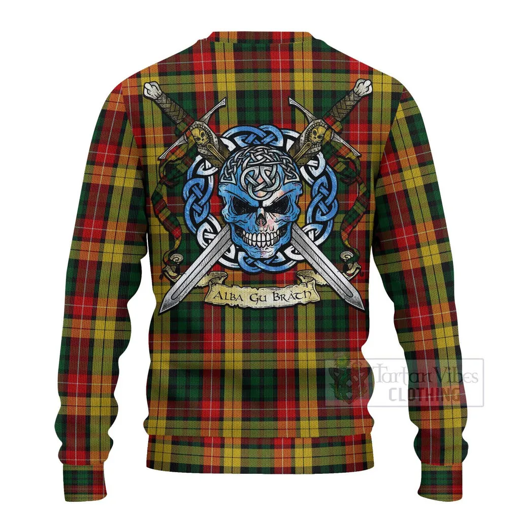 Buchanan Tartan Ugly Sweater with Family Crest Celtic Skull Style