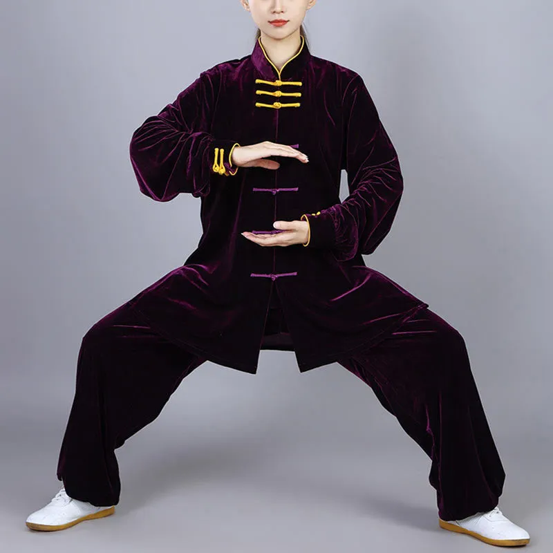 Buddha Stones 2Pcs Fall Winter Tai Chi Qigong Practice Unisex Frog-Button Meditation Velour Clothing Set