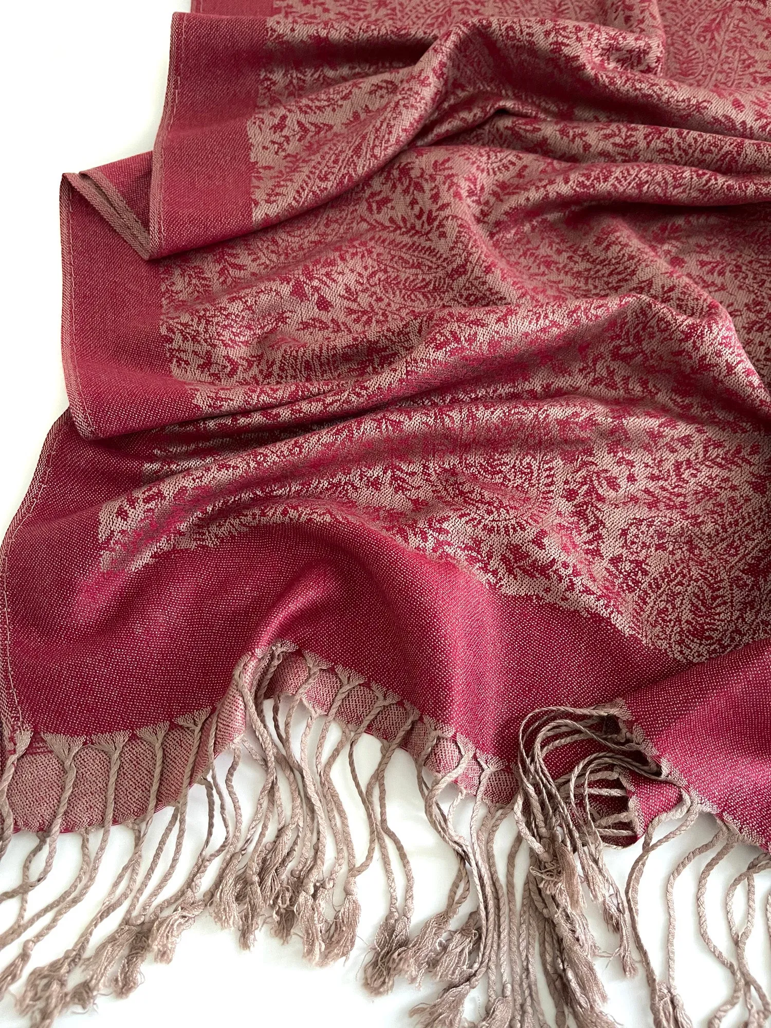 BURGUNDY PAISLEY PRINT REVERSIBLE PASHMINA SHAWL SCARF