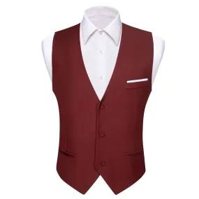 Burgundy Red Solid Silk Men's V-Neck Business Vest