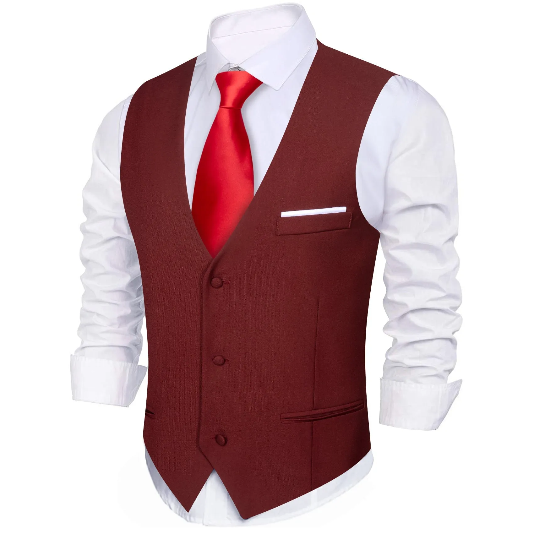 Burgundy Red Solid Silk Men's V-Neck Business Vest