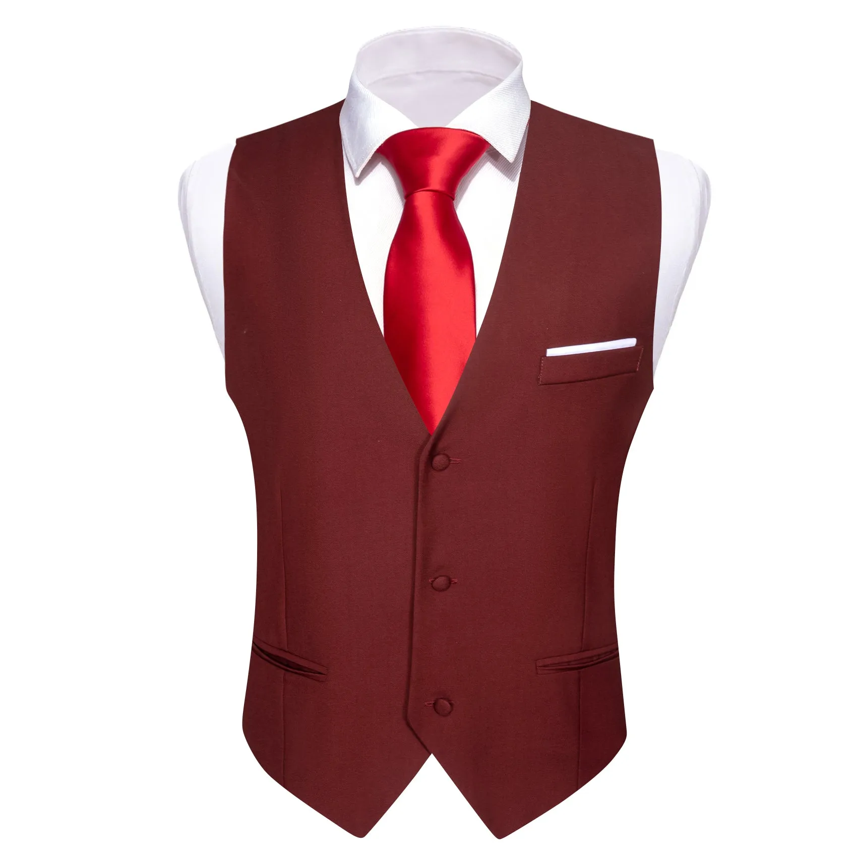 Burgundy Red Solid Silk Men's V-Neck Business Vest