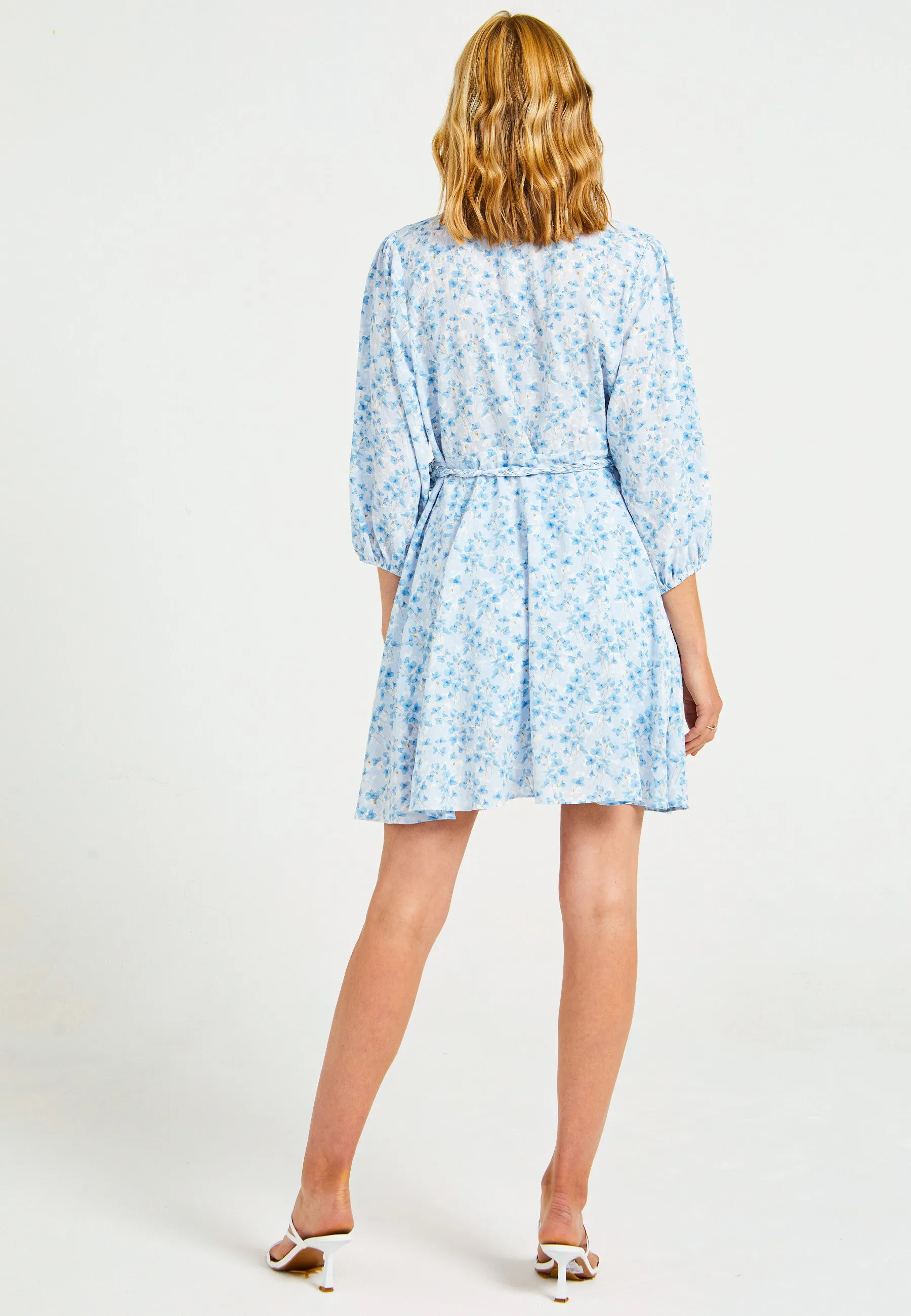 Buttoned Mini Summer Dress in Blue Ditsy Floral Print