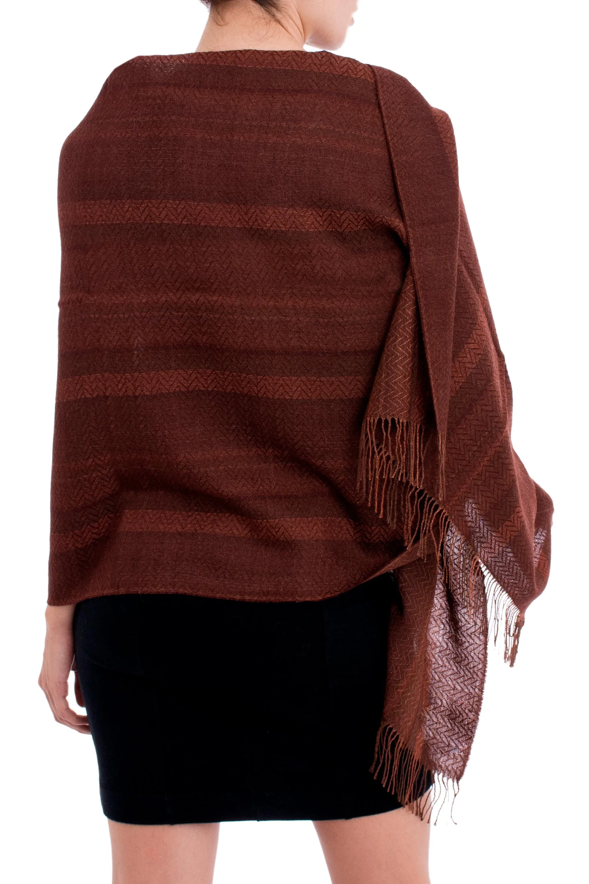 Chestnut and Maroon Subtle Patterns Alpaca Blend Woven Shawl - Subtle Current | NOVICA