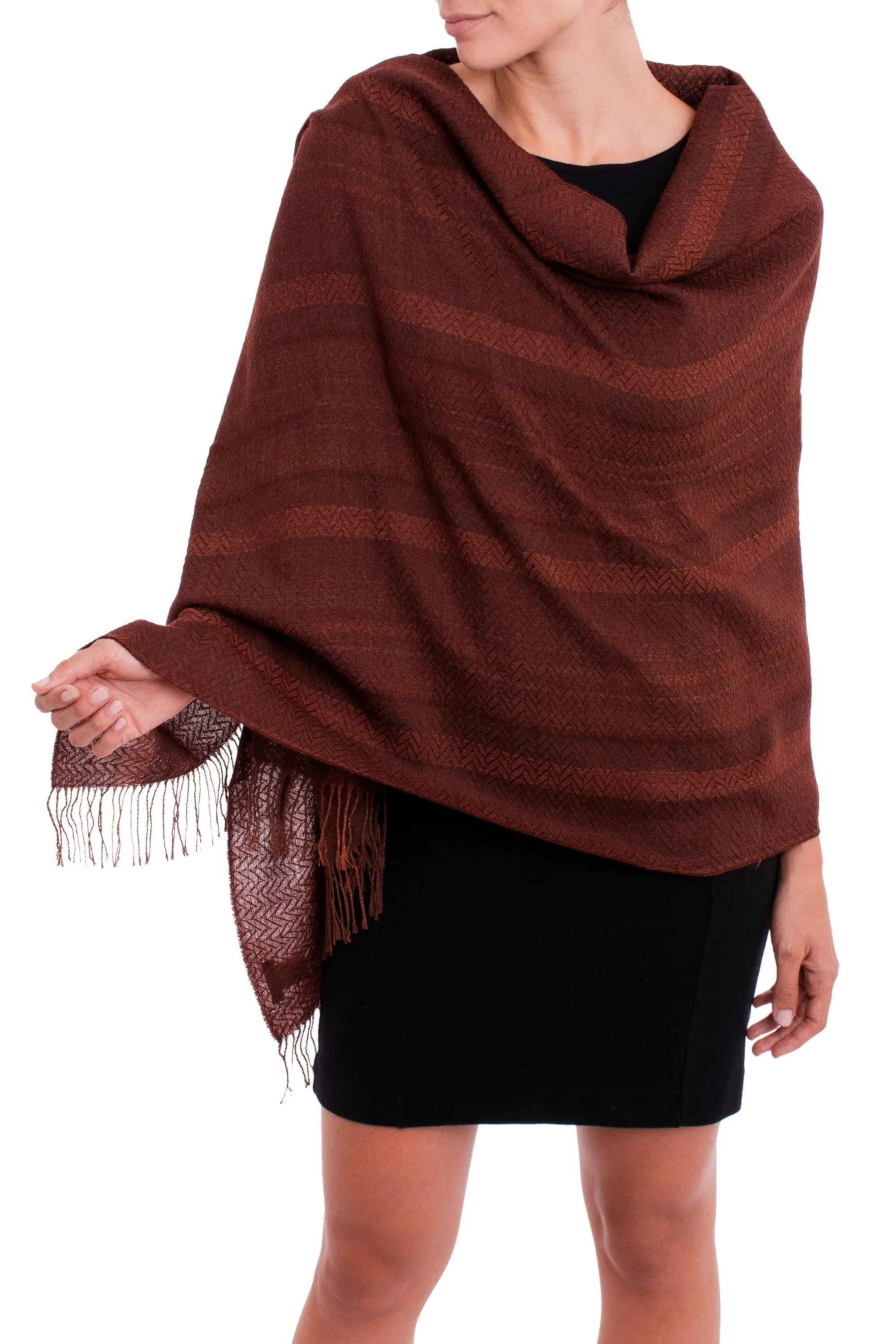 Chestnut and Maroon Subtle Patterns Alpaca Blend Woven Shawl - Subtle Current | NOVICA