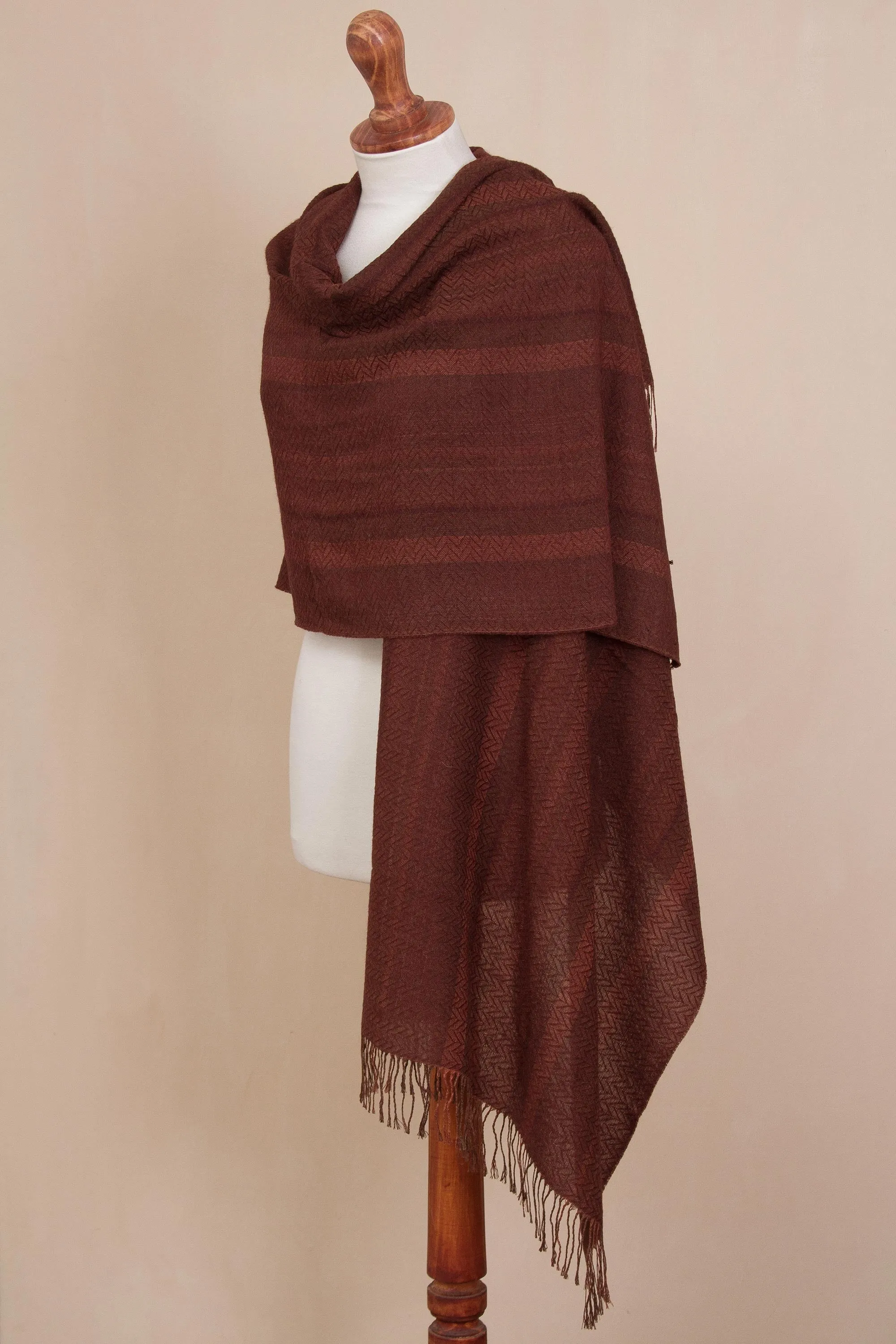 Chestnut and Maroon Subtle Patterns Alpaca Blend Woven Shawl - Subtle Current | NOVICA